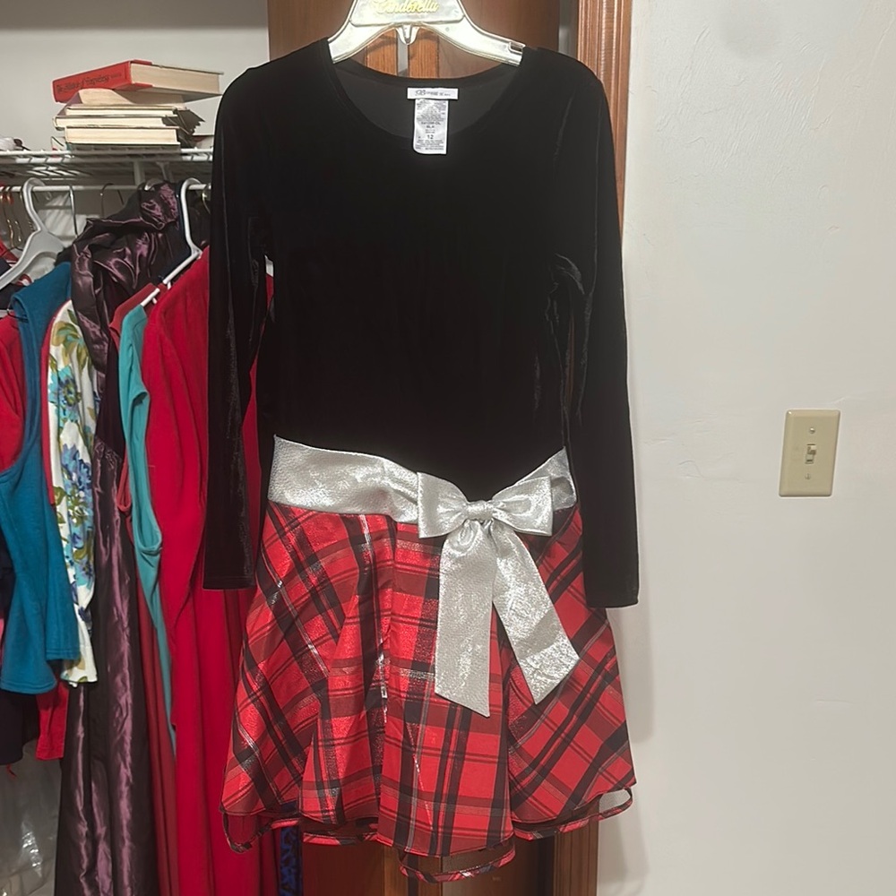 Velvet Black and Red Plaid Dress with Silver Bow